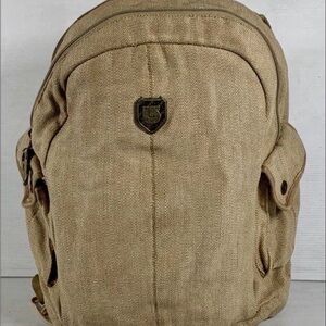Burton Tan Canvas Backpack with Front Pockets and audio set up